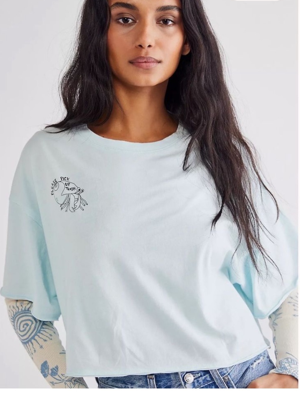Free People Women's M Save The Sea Graphic Tee Aqua Blue Boxy Rare